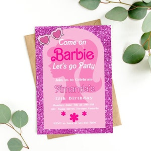 Barbie Pink Glitter Digital Editable Printable Invitation Birthday