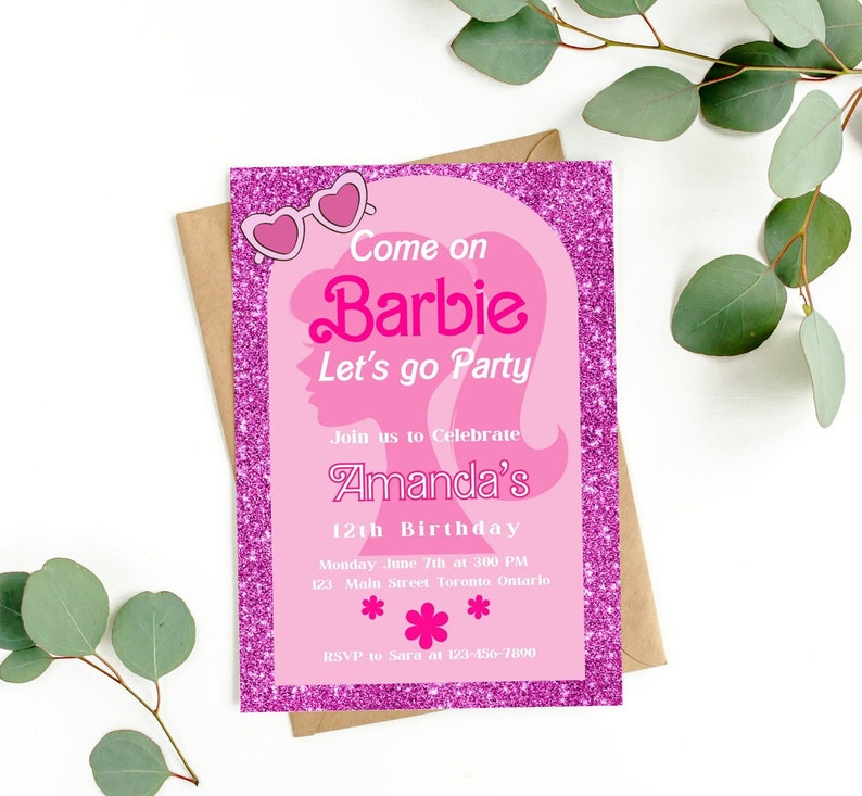 Barbie Pink Glitter Digital Editable Printable Invitation Birthday