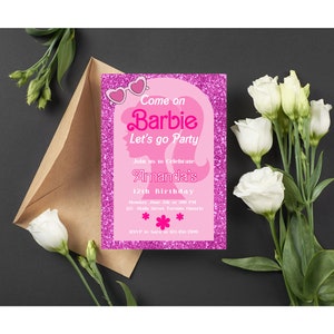 Barbie Pink Glitter Digital Editable Printable Invitation Birthday