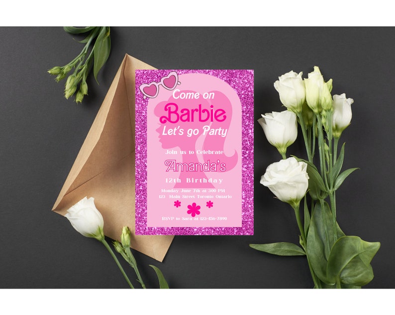 Barbie Pink Glitter Digital Editable Printable Invitation Birthday