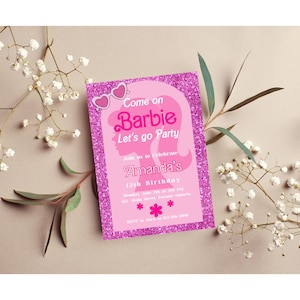 Barbie Pink Glitter Digital Editable Printable Invitation Birthday