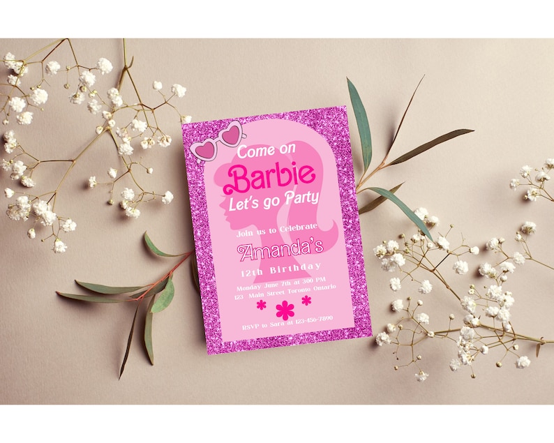 Barbie Pink Glitter Digital Editable Printable Invitation Birthday