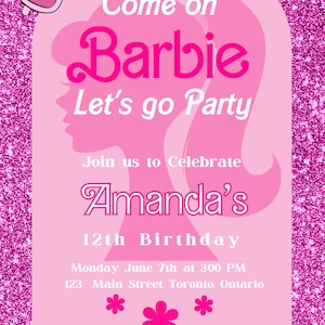 Barbie Pink Glitter Digital Editable Printable Invitation Birthday