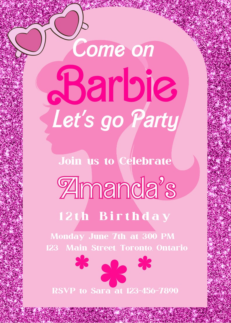 Barbie Pink Glitter Digital Editable Printable Invitation Birthday