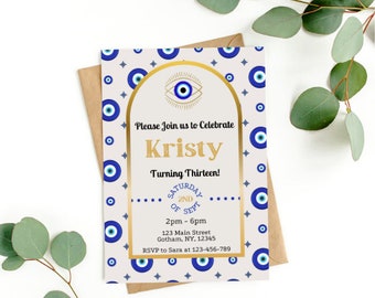 Evil Eye Birthday Invitation - Blue and Gold Theme - Customizable Digital Party Invite - Child or Adult Celebration - Instant Download