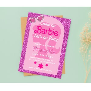 Barbie Pink Glitter Digital Editable Printable Invitation Birthday