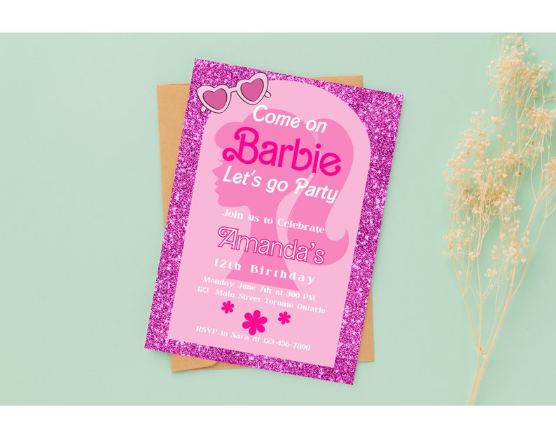 Barbie Pink Glitter Digital Editable Printable Invitation Birthday