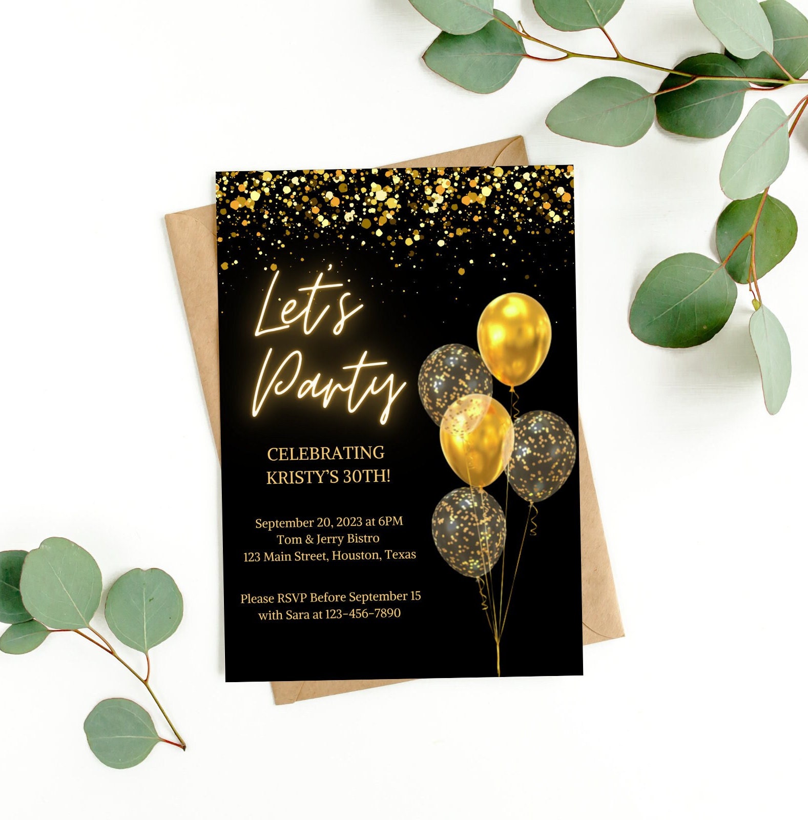 Editable Black and Gold Birthday Invitation, Let's Party Gold Balloons ...