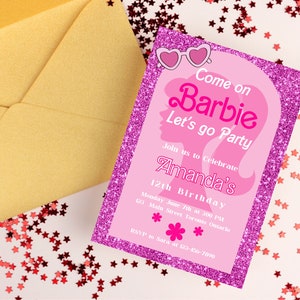 Barbie Pink Glitter Digital Editable Printable Invitation Birthday