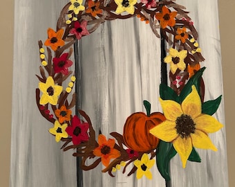 Home Decor: Fall Painting / Wreath, Pumpkin, Flowers