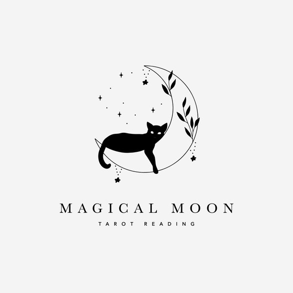 Premade Logo, Hand Drawn Logo, Celestial Line Art Logo, Cat and Moon Logo, Magic Tarot Card Logo, Photography Pet Logo, Animal Tattoo Design