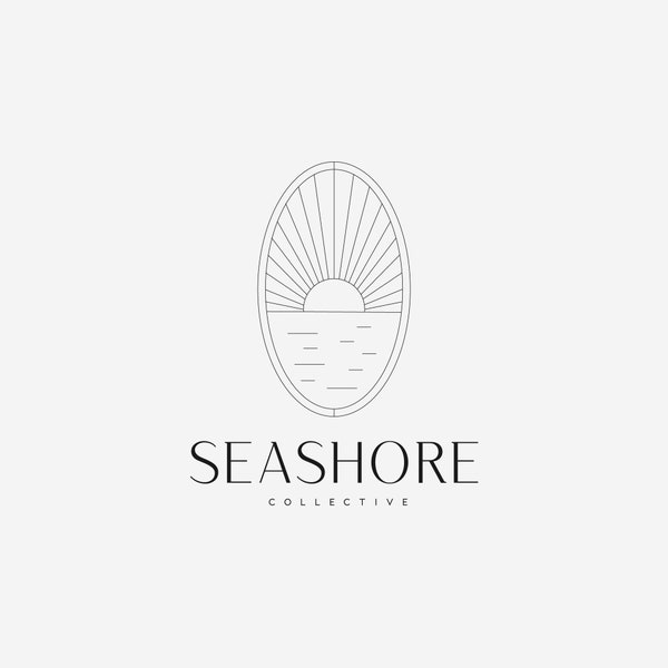 Premade Logo, Hand Drawn Logo, Illustration Logo Line Art, Round Frame Logo, Ocean Waves Logo, Sunrise Sunset Logo, Celestial Sun Logo, Sea
