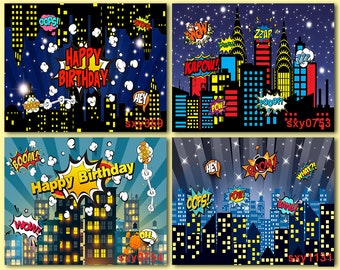 Super Hero City Buildings Backdrop,Superhero Birthday Party Baby Shower Backdrop,Superhero Comics Personalized Poster Background