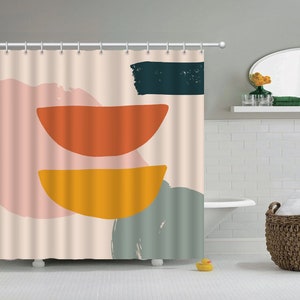 Abstract Shower Curtains, Pink Background Shower Curtain Orange Pink Blue, Waterproof Curtains, Hanging Curtain Geometric Pattern