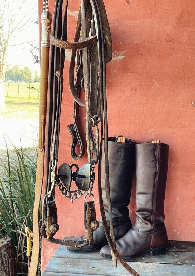 May include: A collection of equestrian equipment, including a bridle, reins, and a pair of brown leather riding boots. The boots are tall, with a classic design. The equipment is hanging against a red wall.