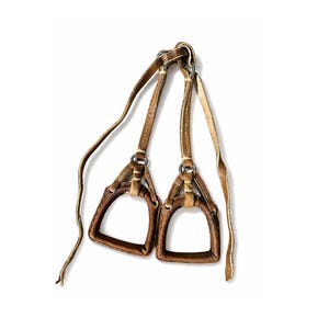 May include: A pair of brown leather stirrups with metal rings and long straps. The stirrups have a rectangular shape with rounded corners and are made of a darker brown leather. The straps are a lighter shade of brown.