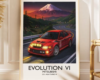 Lámina artística roja del Mitsubishi Lancer Evo 6 Rally - Fotografía - Arte mural automotriz moderno