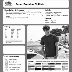 May include: A dark gray Super Premium T-shirt made of cotton and polyester. The shirt features a crew neck and is available in sizes S to XXXL, with a width of 19.1 inches and a length of 27.4 inches for size S. The shirt is machine washable.