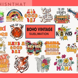 Boho vintage Retro Graphic Design Images Bundle - Fichiers PNG - Sublimation - Téléchargement numérique - 20 Designs !