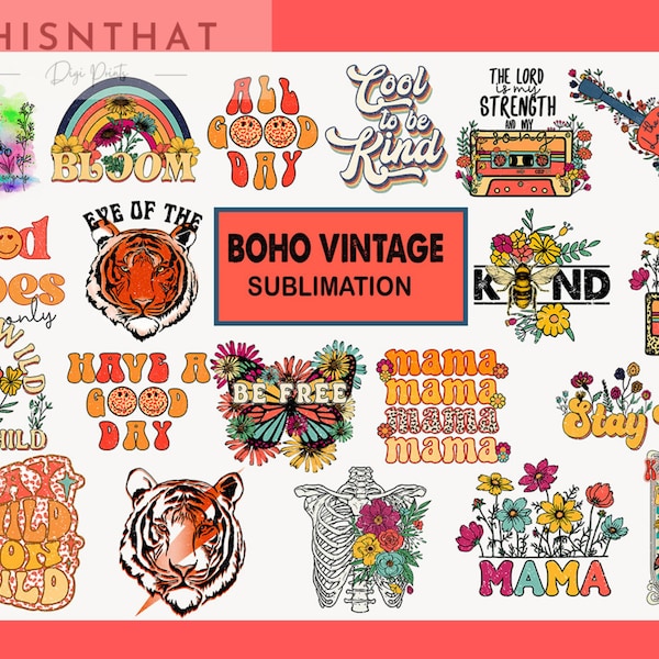 Boho Vintage Retro Graphic Design Images Bundle - PNG Files - Sublimation - Digital Download - 20 Designs!