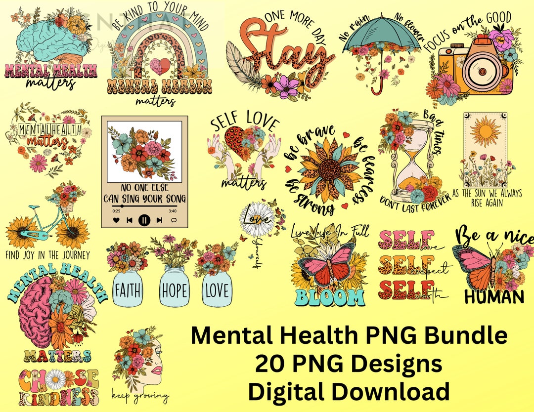 Mental Health Digital Graphics Bundle - Sublimation Designs - 20 PNG ...