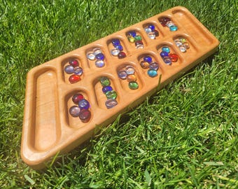 Handmade Cherry Wood Mancala Board Game with Glass Stones