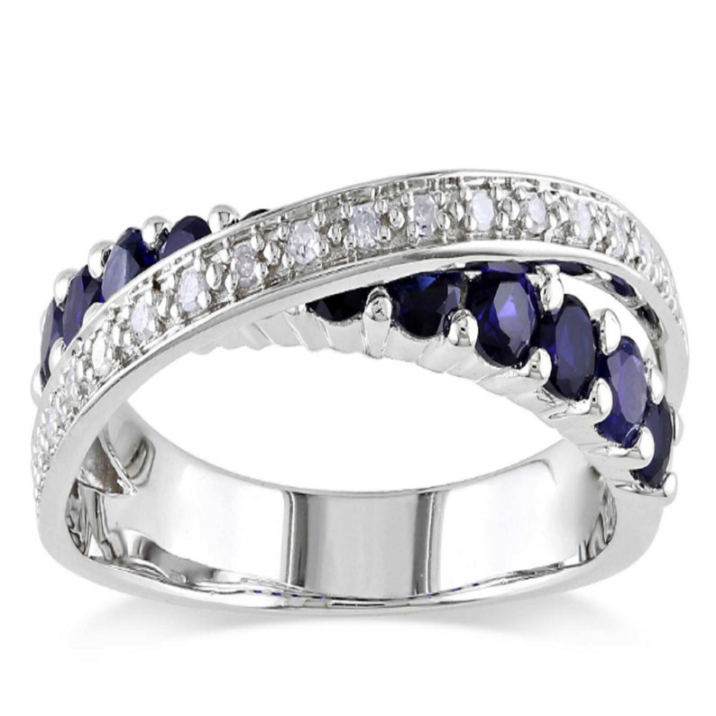 Moissanite Cross Over Band Accent Round Cut Blue Sapphire Band 925 Silver14k White Gold Eternity Band Anniversary Gift for Wife