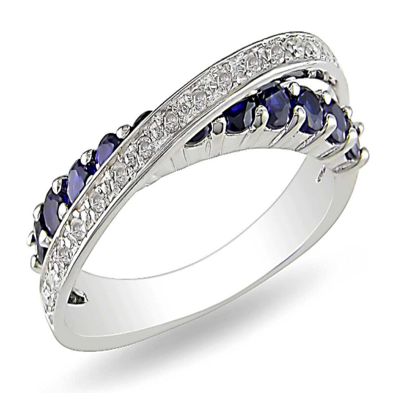 Moissanite Cross Over Band Accent Round Cut Blue Sapphire Band 925 Silver14k White Gold Eternity Band Anniversary Gift for Wife