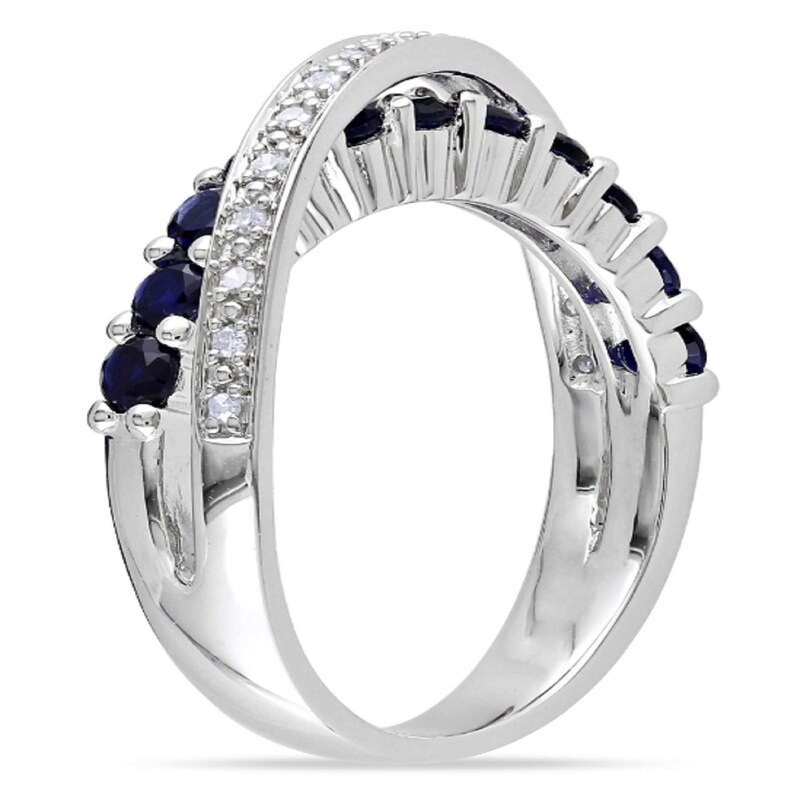 Moissanite Cross Over Band Accent Round Cut Blue Sapphire Band 925 Silver14k White Gold Eternity Band Anniversary Gift for Wife