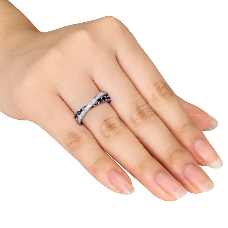 Moissanite Cross Over Band Accent Round Cut Blue Sapphire Band 925 Silver14k White Gold Eternity Band Anniversary Gift for Wife