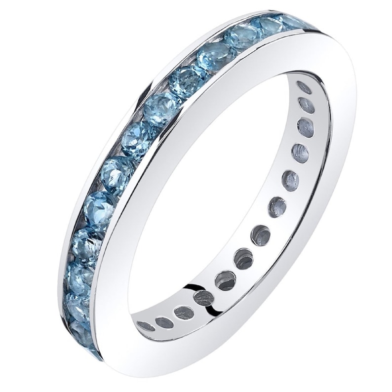 Anniversary Stacking Band 1.25 carat Round cut London Blue Topaz Wedding Band 14k Solid White Gold Channel Set Eternity Band Gift For Her