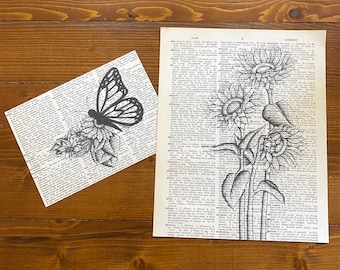 Butterfly and Sunflowers: Prints Made from Original Pen and Ink Drawings on vintage book pages