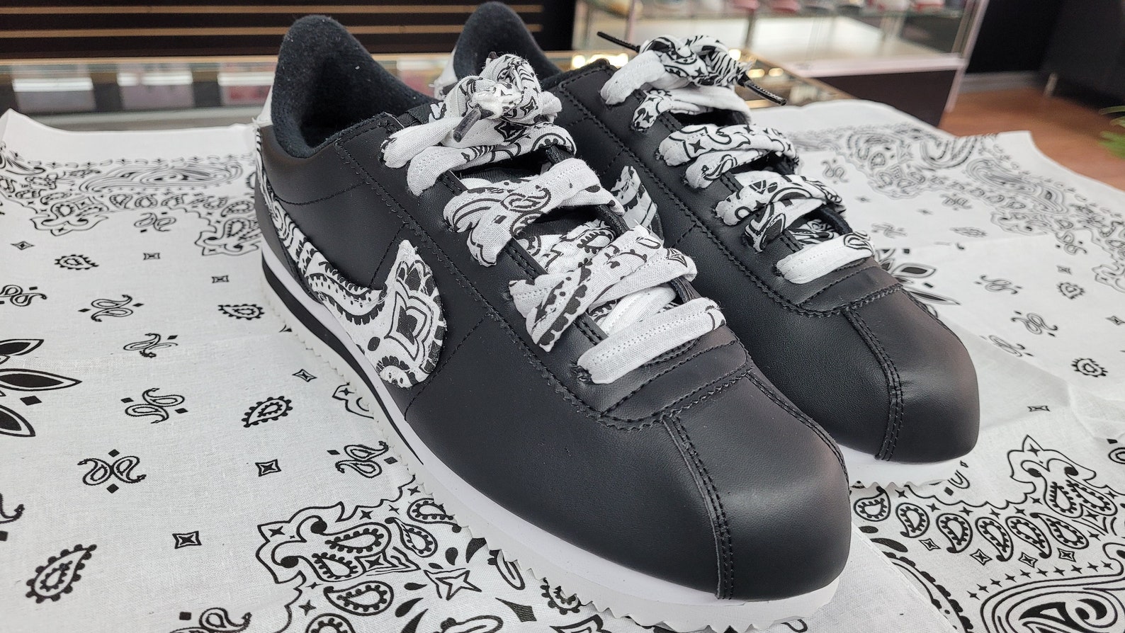 Custom Black Nike Cortez White Bandana Swoosh laces and old Etsy
