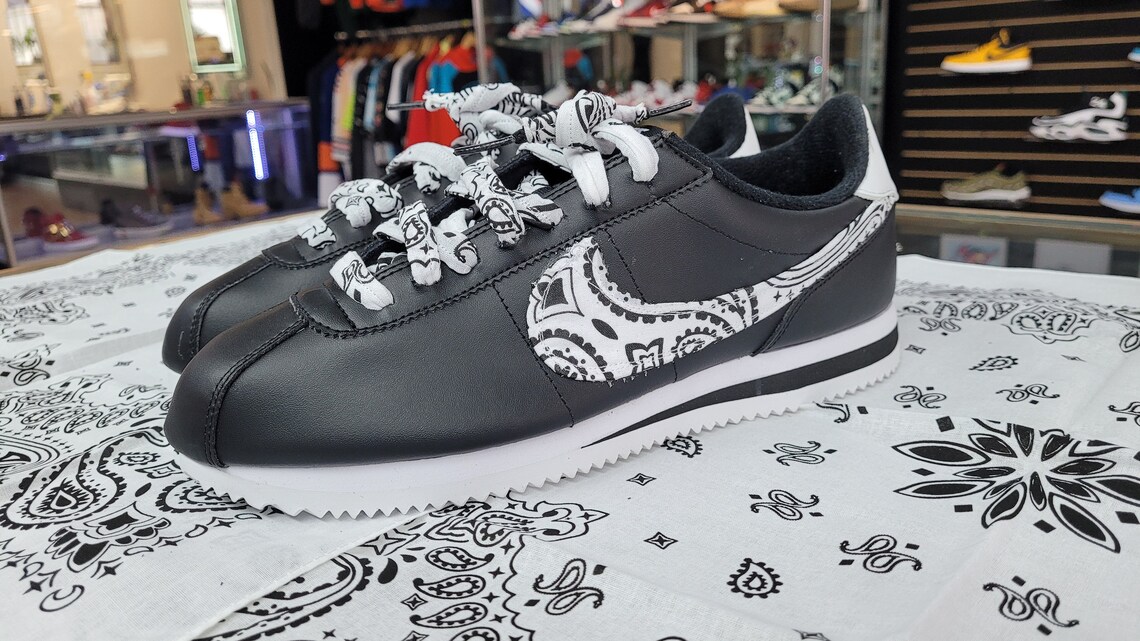 Custom Black Nike Cortez White Bandana Swoosh laces and old | Etsy