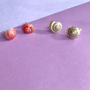 Könnte beinhalten: Vier Ohrstecker in Form kleiner spiralförmiger Schneckenhäuser. Zwei Ohrringe haben eine leuchtend rot-orange Farbe mit einem dezenten Spiralmuster, während die anderen beiden eine neutrale beigefarbene Tönung mit einem dunklen Spiraldesign aufweisen.