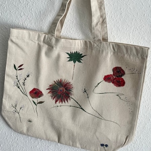 Handbemalte Stofftasche Recycelt Tote Bag Lotusblume Blume Pflanze Japanische Schrift Natural Unikat 35x39x13,5cm