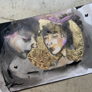 Liebende Original DoppelPorträt Zeichnung Bleistift Malerei Acryl Blattmetallflocken auf Papier 12,5x21cm