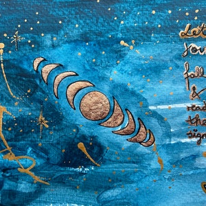 Moon And Signs Mond Sterne Spruch Original Malerei Acryl Blattmetallflocken auf Papier 15x21cm DIN A5