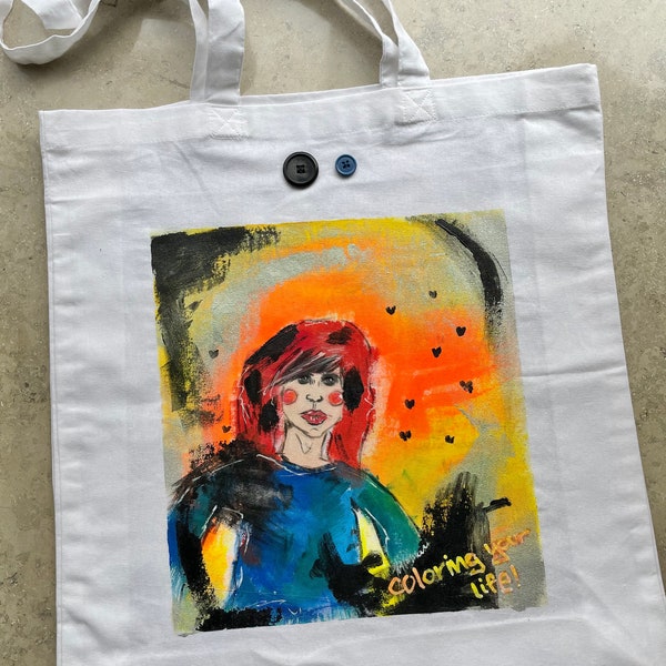 Handbemalte Stofftasche Baumwolle Weiß Tote Bag Coloring your Life Bunt Frau Rote Haare Unikat 38x42x10cm