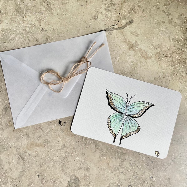 Postkarte mit Umschlag Grußkarte mit Blattmetallflocken Geburtstag Schmetterling Unikat 10,5x14,8cm