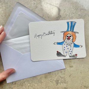 Postkarte mit Umschlag Geburtstagskarte Handbemalt Grußkarte Happy Birthday Clown Hut Streifen Punkte Geburtstag 10,5x14,8cm
