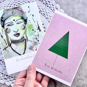 2er Set Karte Postkarte Weihnachten Buddhistisch Meditativ Tannenbaum Malerei Illustration Kunstdruck Digitaldruck Print A6 Weihnachtskarte