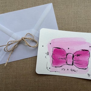 Postkarte mit Umschlag Grußkarte Schleife Pink Baby Mädchen Zur Geburt It‘s a Girl Unikat 10,5x14,8cm