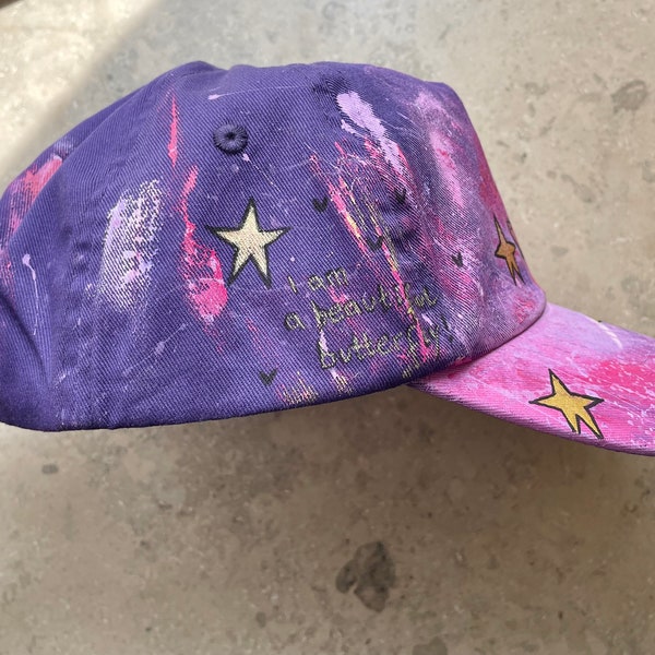 Kids Junior Mädchen Girls Cap Baseball Cappy Kopfbedeckung Lila Purple Beautiful Butterfly Pink Gold Sterne Handbemalt One Size Unikat