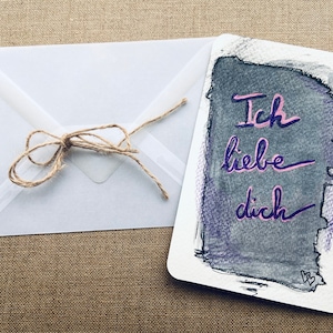 Postkarte mit Umschlag Grußkarte Valentinstag Karte Ich liebe dich Schwarz Lila Glitter Rosa Unikat 10,5x14,8cm