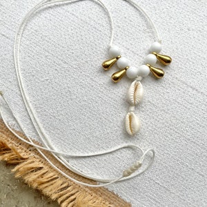 Macrame Necklace White Jade Cowrie Shell Brass Brass Beads Macrame Necklace Boho Adjustable Size Jewelry Choker Accessories For Her Him