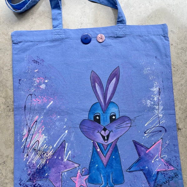 Handbemalte Stofftasche B-Ware Baumwolle Lila Tote Bag Ostern Geschenk Hase Sterne Unikat 37x41cm