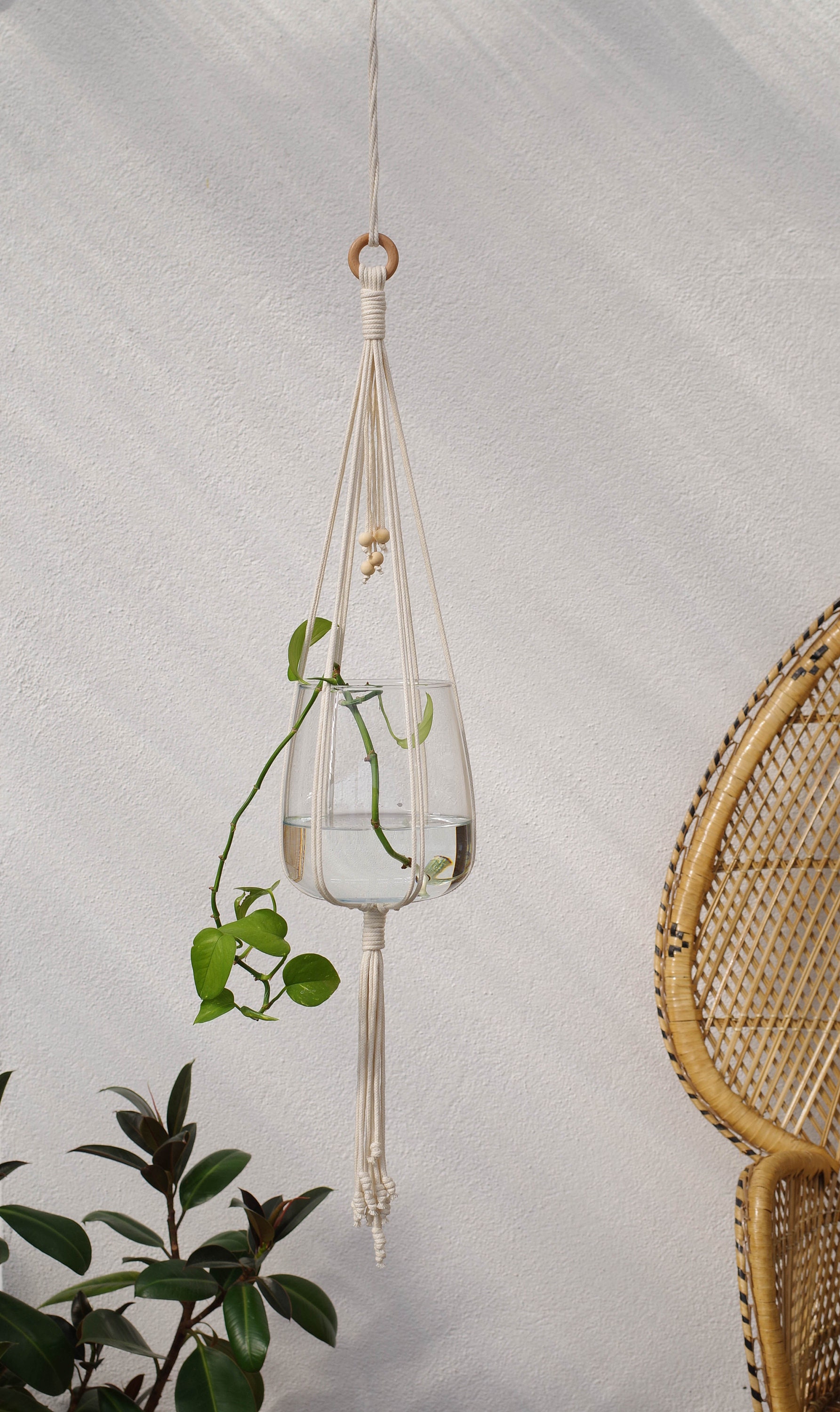 Suspension Pour Plantes en Macramé avec Perles Bois Brut - Cache Pot Suspendu Au Style Bohème Porte 