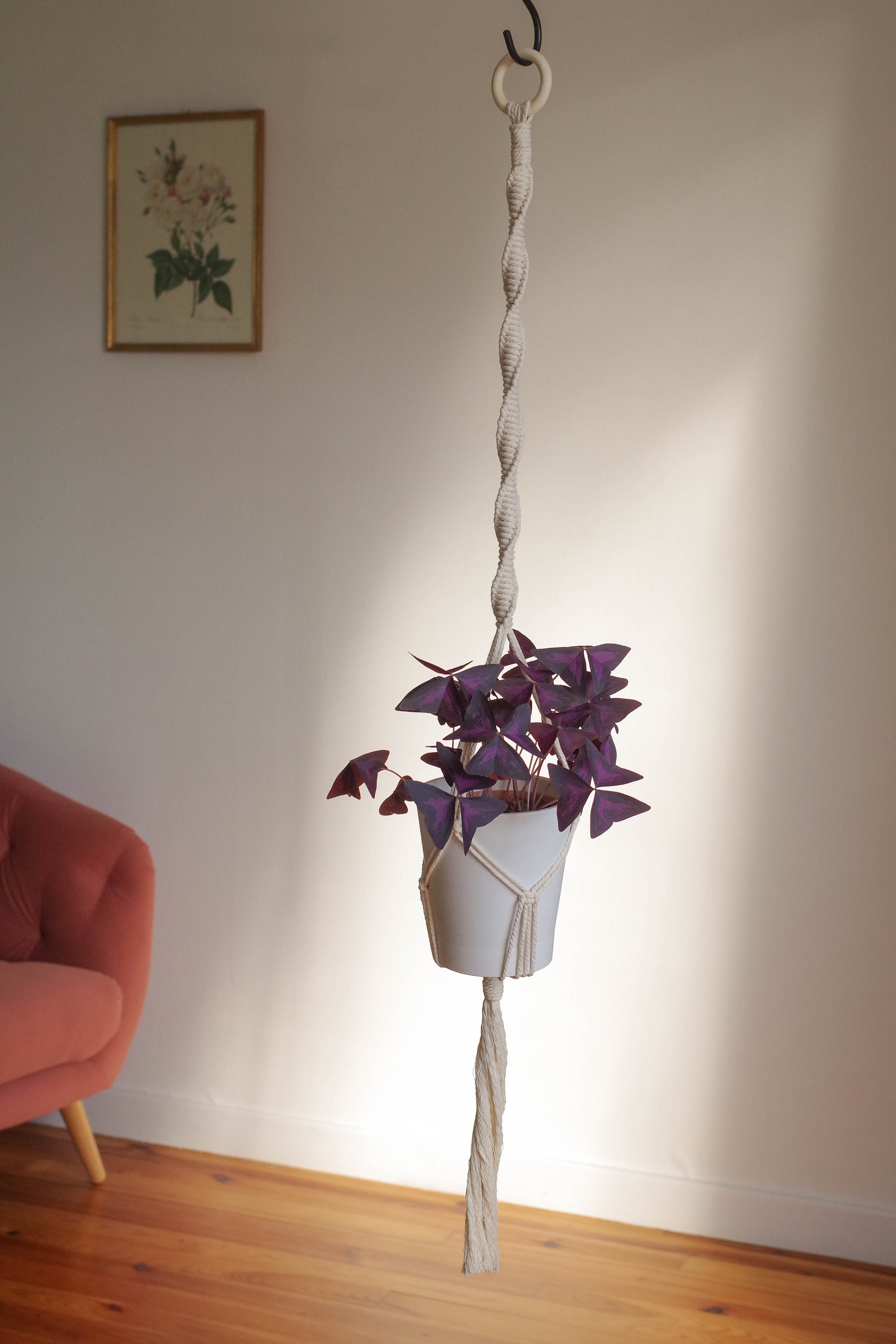 Suspension Noire/Écrue Pour Plante en Macramé. Décoration Fait Main Coton Recyclé. Accessoire Suspen