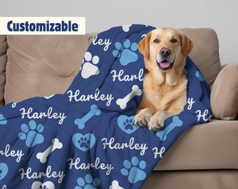 Personalized Dog Blanket Custom Pet Name Blanket with Paw Prints & Bones Gift for Dog Lovers Puppy Birthday Cozy Pet Throw Blanket